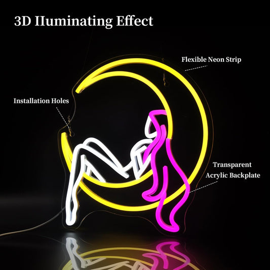 Lady Moon Neon Sign Led Neon Lights Neon Signs for Wall Decor Light Up Sign for Birthday Party Club Gift