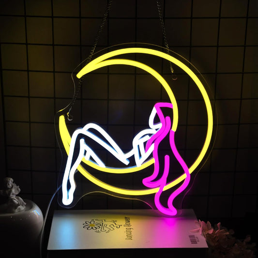 Lady Moon Neon Sign Led Neon Lights Neon Signs for Wall Decor Light Up Sign for Birthday Party Club Gift