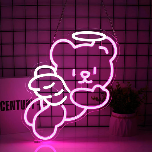 Bear Angel Neon Sign Led Neon Lights Neon Signs for Wall Decor Light Up Sign for Birthday Party Club Gift