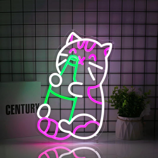 Cat Beer Neon Sign Led Neon Lights Neon Signs for Wall Decor Light Up Sign for Birthday Party Club Gift